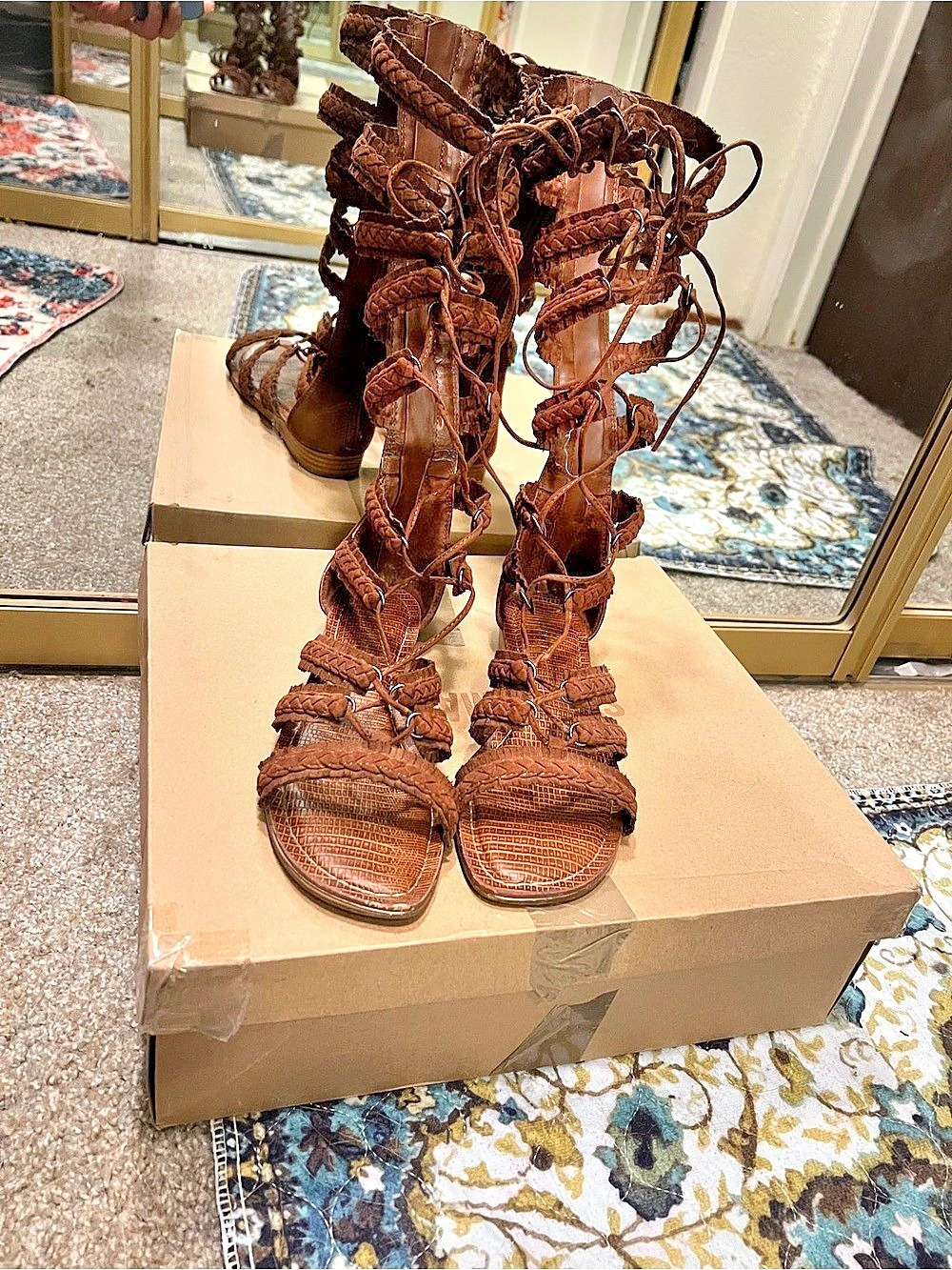 Women's Calf Height Brown Gladiator Sandals